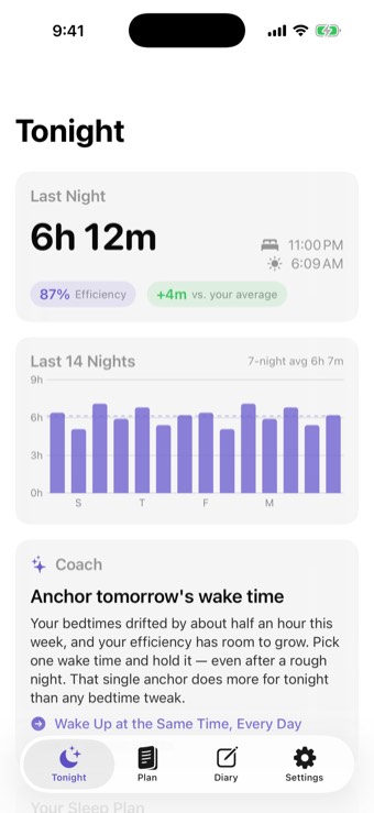 Nodoff Tonight screen showing last night's sleep, a 14-night trend, and a coaching note