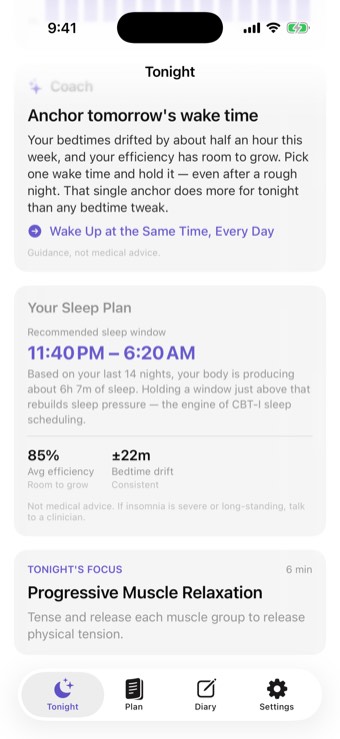 A personalized recommended sleep window computed from real sleep data